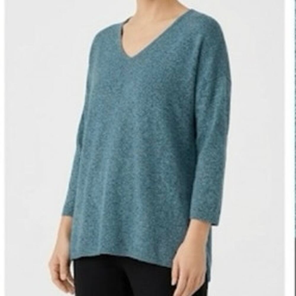 Eileen Fisher Cotton Heathered V-Neck Sweater Teal Blue Split Hem Size Petite L